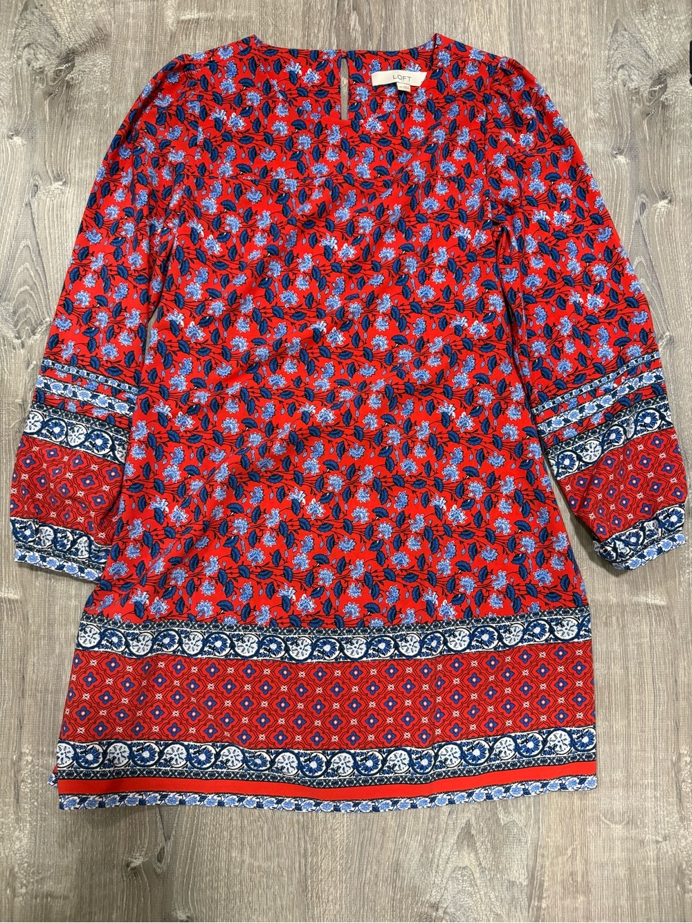 LOFT Red Blue White Floral Belted Long Sleeve Shift Dress S Petite Women